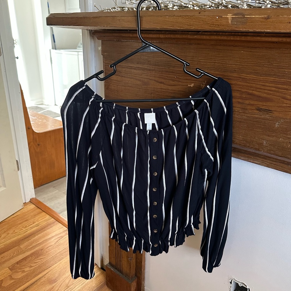 Navy Blue Top with White Stripes & Tortoise Shell Colored Buttons
